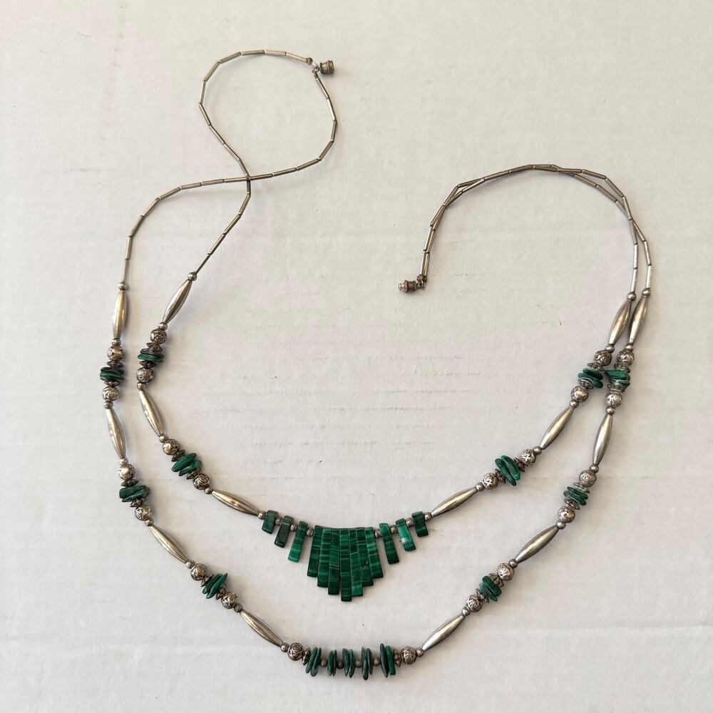 Vintage Native American Malachite Fringe Double Strand Silver Necklace 22-25”44g - Picture 7 of 13